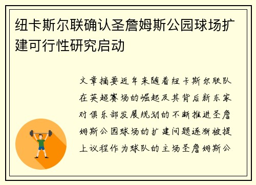 纽卡斯尔联确认圣詹姆斯公园球场扩建可行性研究启动